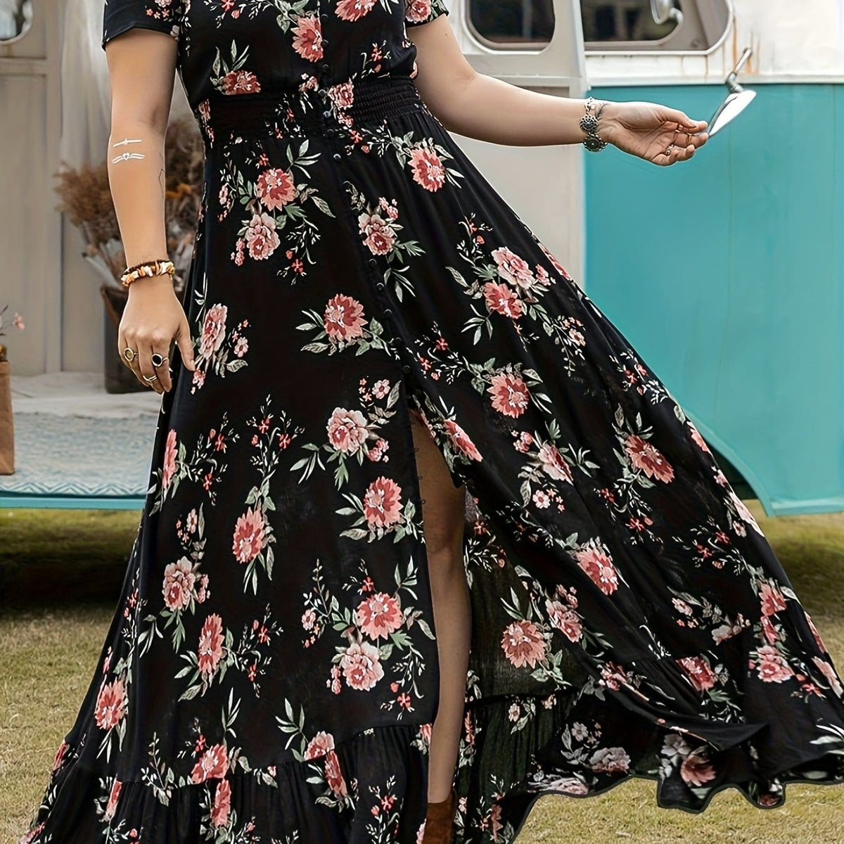 jkthpu-45 Black / UK 16 Modern Bohemian Women's A-line Skirt - Elastic Waist, Stretchable, Comfortable Fabric, Artistic White Buttons, Perfect for Music Festival, Vacation, Date, Valentine's Day