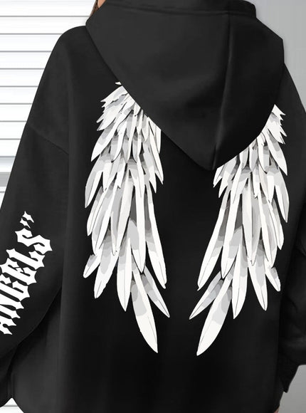 jkthpu-45 Black / UK 16 Plus Size Angel Wings Print Hoodie - Soft