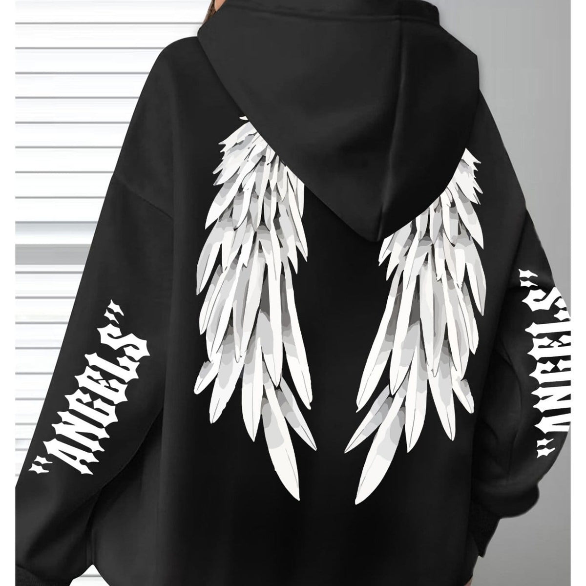 jkthpu-45 Black / UK 16 Plus Size Angel Wings Print Hoodie - Soft