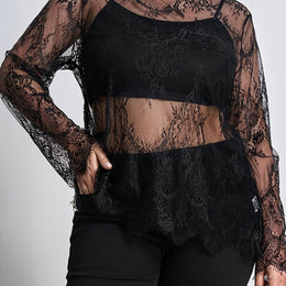 jkthpu-45 Black / UK 16 Plus Size, Curved Cut Large Size Women's Floral Lace Round Neck Long Sleeve Loose Elegant Romantic Sheer Blouse, Suitable for Autumn and Winter Outings, Christmas, New Year Women's Set Top, Curved Black Lace Long Sleeve Top