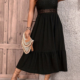 jkthpu-45 Black / UK 16 Plus Size - Elegant Plus Size Black Dress with Lace Detailing - Sleeveless, Ruffled Hem, Cinched Waist, Perfect for Spring/Summer/Fall, Casual to Formal Wear, Casual Attire | Ruffled Hem Dress | Lace Detailing, Plus Size Dress