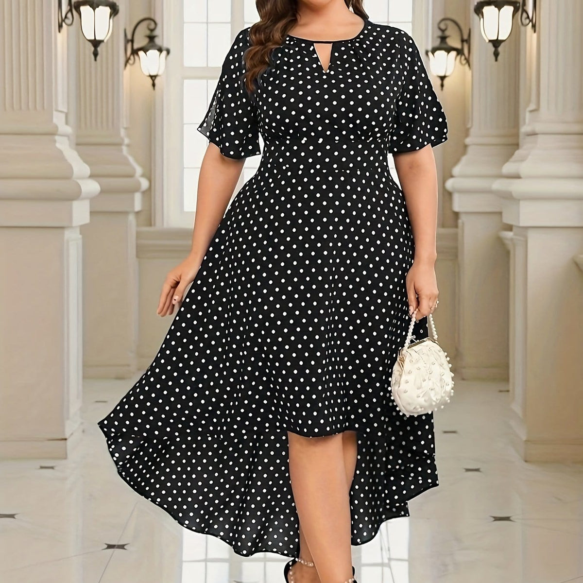 jkthpu-45 Black / UK 16 Plus Size - Elegant Plus Size Black & White Polka Dot Midi Dress with Asymmetrical Hem, V-Neck & Split Sleeves - Perfect for Spring/Summer Casual Outings, Casual Summer Dress | Asymmetrical Hemline | Nonstretch Fabric