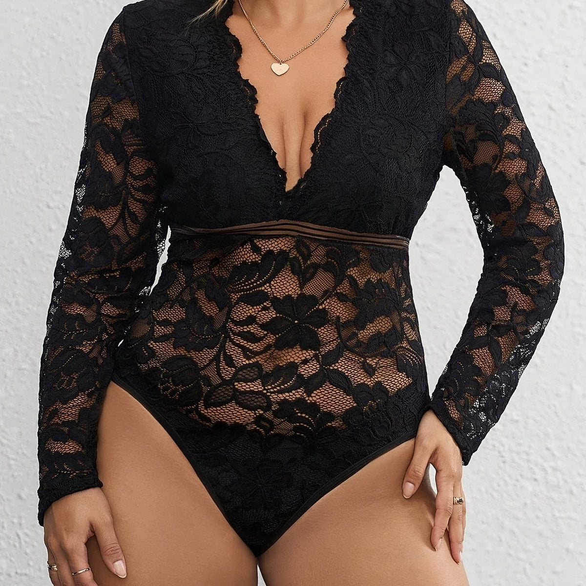 jkthpu-45 Black / UK 16 Plus Size - Elegant Plus Size Lace-Trimmed V-Neck Bodysuit for Women - Sexy Long Sleeve Jumpsuit with Floral Pattern, Stretchy Fabric, and Belted Waist, All-Season Wear, Elegant Attire | Floral Print Bodysuit | Glossy Finish, Lace Trim