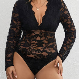 jkthpu-45 Black / UK 16 Plus Size - Elegant Plus Size Lace-Trimmed V-Neck Bodysuit for Women - Sexy Long Sleeve Jumpsuit with Floral Pattern, Stretchy Fabric, and Belted Waist, All-Season Wear, Elegant Attire | Floral Print Bodysuit | Glossy Finish, Lace Trim