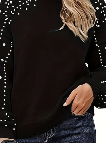 jkthpu-45 Black / UK 16 Plus Size Faux Pearl Elegant Women's Long Sleeve