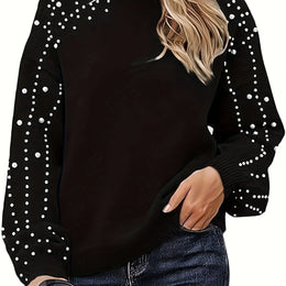 jkthpu-45 Black / UK 16 Plus Size Faux Pearl Elegant Women's Long Sleeve