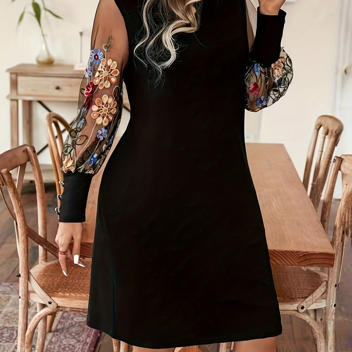 jkthpu-45 Black / UK 16 Plus Size Floral Embroidered Bodycon Mini Dress – Mesh Sleeves Black
