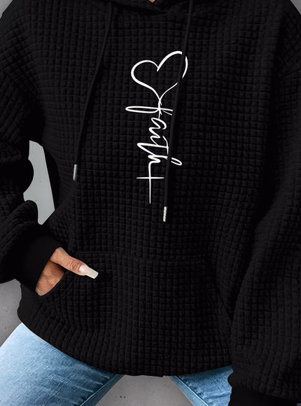 jkthpu-45 Black / UK 16 Plus Size Heart Print Hoodie, Casual Long Sleeve