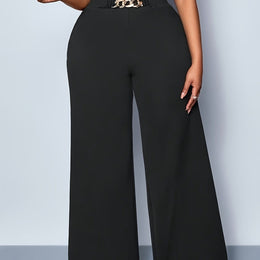 jkthpu-45 Black / UK 16 Plus Size High Waist Stretchy WideLeg Pants Black Versatility