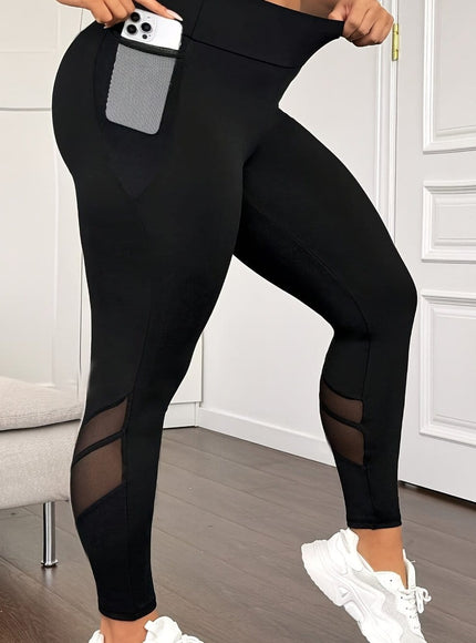 jkthpu-45 Black / UK 16 Plus Size High-Waisted Yoga Leggings with Mesh Panel