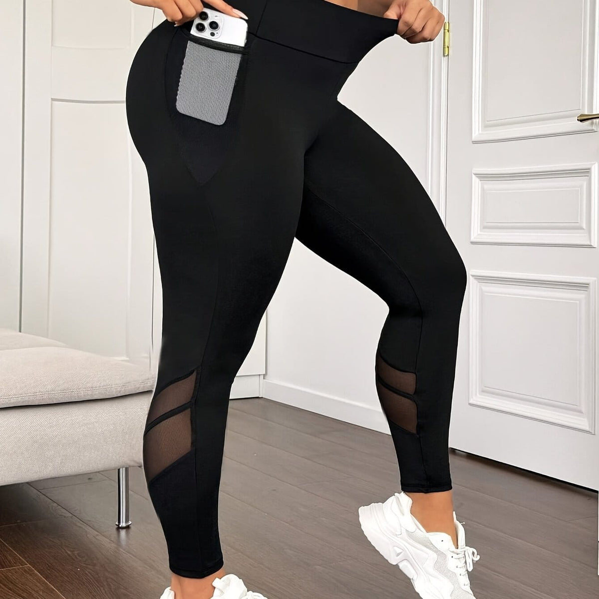 jkthpu-45 Black / UK 16 Plus Size High-Waisted Yoga Leggings with Mesh Panel