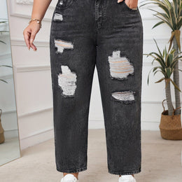 jkthpu-45 Black / UK 16 Plus Size HighWaisted Ripped Dark Wash Stretch Jeans