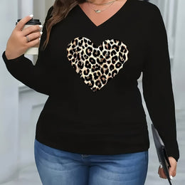 jkthpu-45 Black / UK 16 Plus Size Leopard Print Heart V-Neck Long Sleeve