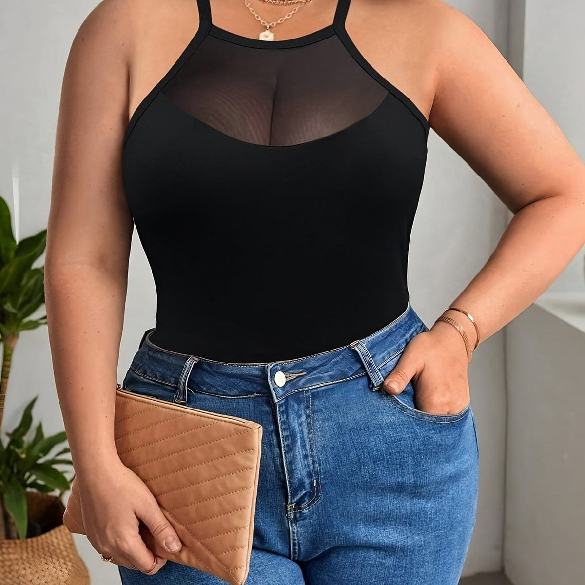 jkthpu-45 Black / UK 16 Plus Size Minimalist Cami Top – Black & White Contrast Mesh Backless