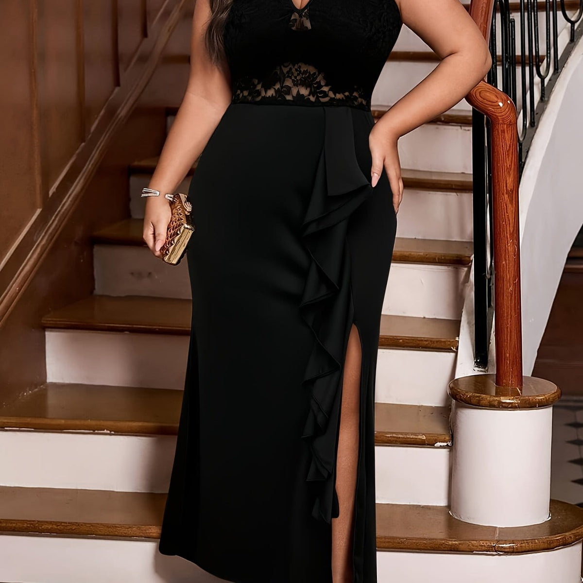 jkthpu-45 Black / UK 16 Plus Size - Plus Size - Plus Size - Elegant Plus Size Black Lace-Trimmed V-Neck Maxi Dress with Ruffle Hem and Side Slit - Sleeveless, Flowing Design for Women, Perfect for Spring/Summer Events, Formal Evening Wear | Ruffle Hem Dress | Lace Trim Detail, P