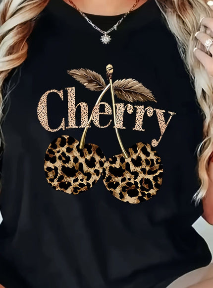 KissICON Black / UK 16 Plus Size - Plus Size - Plus Size Women'S Cherry Print T-Shirt - Casual Short Sleeve Crew Neck, Stretchy Fabric, Spring/Summer/Fall Fashion Top with Leopard Print Design, Casual Wear | Leopard Print Top | Stretchy Fabric Shir