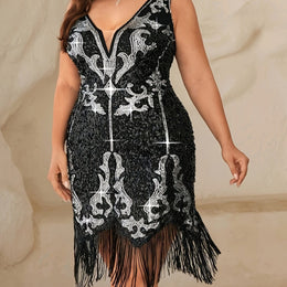 jkthpu-45 Black / UK 16 Plus Size - Plus Size - Plus Size, Women'S Dress: Luxurious, Exquisite, Charming, Retro, Sexy Silvery Sequin, Sapphire Blue, Stretchy, Heart Neckline, Deep V-Neck, High Waist, Bodycon Skirt with Asymmetrical Hem and Tassels - Perfect for Music Festivals,