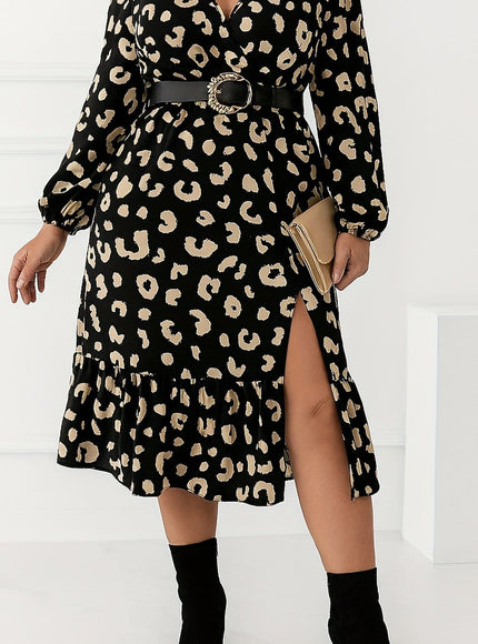jkthpu-45 Black / UK 16 Plus Size - Plus Size - Plus Size Women'S Leopard Print V-Neck Lantern Sleeve Midi Dress with Frill Hem & Beltless Design - Bohemian Style Long Dress for Fall, Perfect for Commuting, Parties, Dates, and Vacations, Casual Elegant Wear, Party Attire, Nonstr