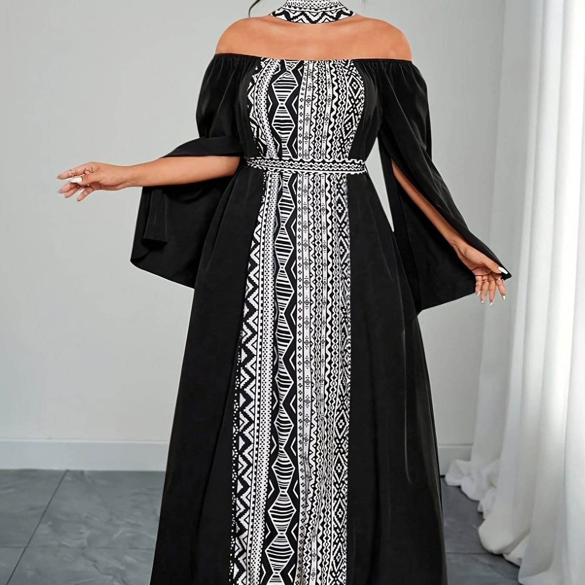 jkthpu-45 Black / UK 16 Plus Size - Plus Size - Plus Size, Women'S Plus Size Elegant Off-the-Shoulder Maxi Dress - Formal & Casual Party Wedding Outfit, Black & White Contrast, Flared Hem, Non-Stretchy Fabric for Evening Events & Casual Attire, Dresses for Wedding, Special Occas
