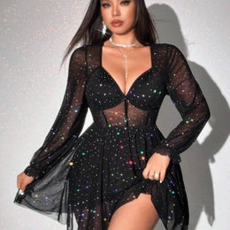 jkthpu-45 Black / UK 16 Plus Size - Plus Size - Plus Size Women'S V-Neck Long Sleeve Bodycon Mini Party Dress, Sequin Sheer Sexy Short Skirt