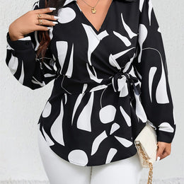 KissICON Black / UK 16 Plus Size - Plus Size Women'S Casual Shirt - Black & White Geometric Pattern, Long Sleeve, Button-Up with Tie Waist, Lightweight Non-Stretch Fabric, All-Season Versatile Top for Casual Attire, Versatile Fashion | Geometric Pa