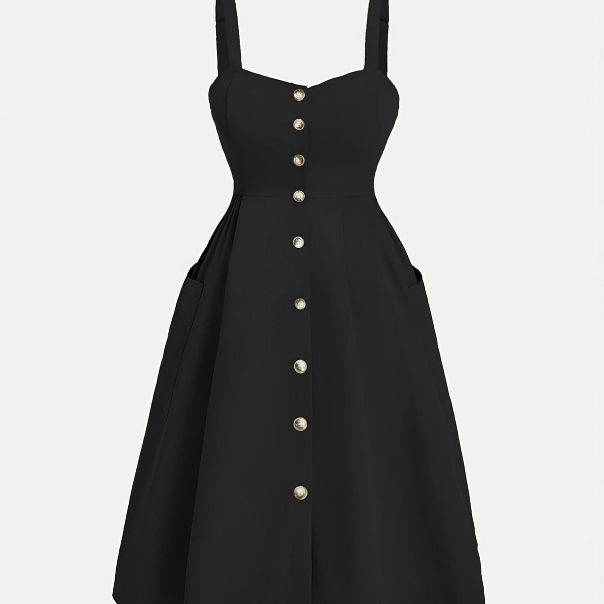 jkthpu-45 Black / UK 16 Plus Size - Plus Size - Women'S Elegant Black Fitted Dress with Front Button Closure & Pockets - Sleeveless Ruched Waist, Cinched Back, and Flared Skirt for Spring/Summer, Casual to Formal Wear, Casual Attire | Ruched Waist Dress | Nonstretch Fabric