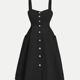 jkthpu-45 Black / UK 16 Plus Size - Plus Size - Women'S Elegant Black Fitted Dress with Front Button Closure & Pockets - Sleeveless Ruched Waist, Cinched Back, and Flared Skirt for Spring/Summer, Casual to Formal Wear, Casual Attire | Ruched Waist Dress | Nonstretch Fabric
