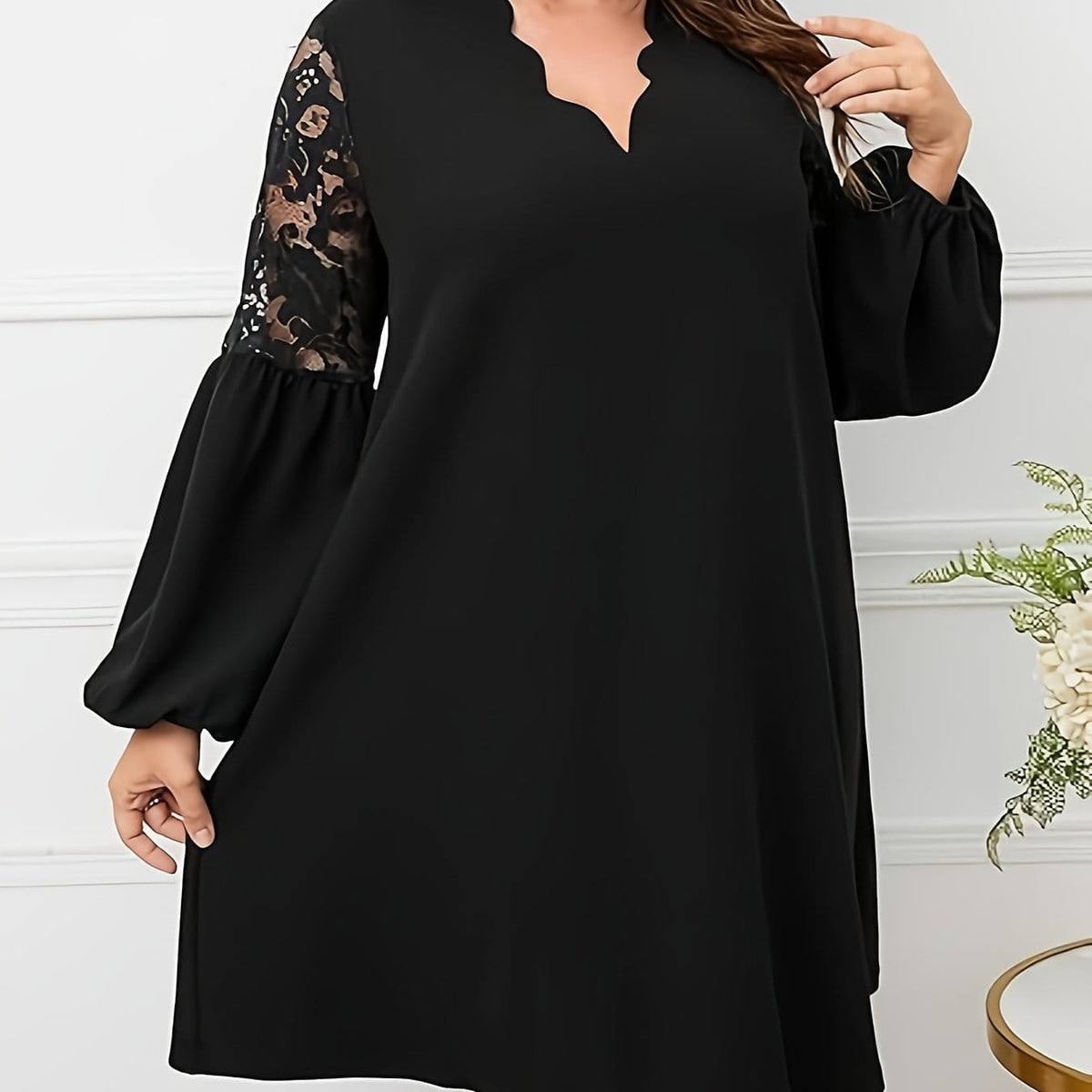 jkthpu-45 Black / UK 16 Plus Size - Plus Size, Women'S Elegant Burgundy Formal & Everyday dress - Long Sleeve V-Neck, Flared Hem, Non-Stretchy fabric for Wedding, Party, Office - Plus Size Friendly Elegant Evening gown, Wedding Guest Attire, Lace Detailing, Aline Silhouette, Pul