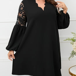 jkthpu-45 Black / UK 16 Plus Size - Plus Size, Women'S Elegant Burgundy Formal & Everyday dress - Long Sleeve V-Neck, Flared Hem, Non-Stretchy fabric for Wedding, Party, Office - Plus Size Friendly Elegant Evening gown, Wedding Guest Attire, Lace Detailing, Aline Silhouette, Pul