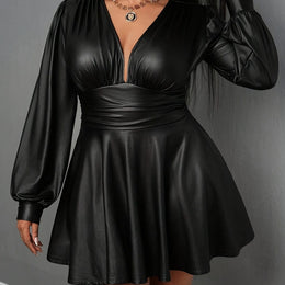 jkthpu-45 Black / UK 16 Plus Size - Plus Size Women'S Elegant V-Neck Lantern Sleeve A-Line Skirt - Stretchy Fitted Party Dress with Belt, Long Sleeves & Deep Side Pockets for Casual to Formal Events, Versatile Fashion, Sophisticated Style, Smooth Texture