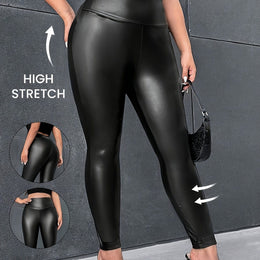 jkthpu-45 Black / UK 16 Plus Size, 's Elegant Black PU Leather Leggings