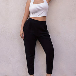 jkthpu-45 Black / UK 16 Plus Size Solid Pleated Tapered Pants - Stylish