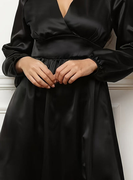 jkthpu-45 Black / UK 16 Plus Size, Spring, Summer, and Autumn New Elegant Satin High-Waist Minimalist Mini Dress