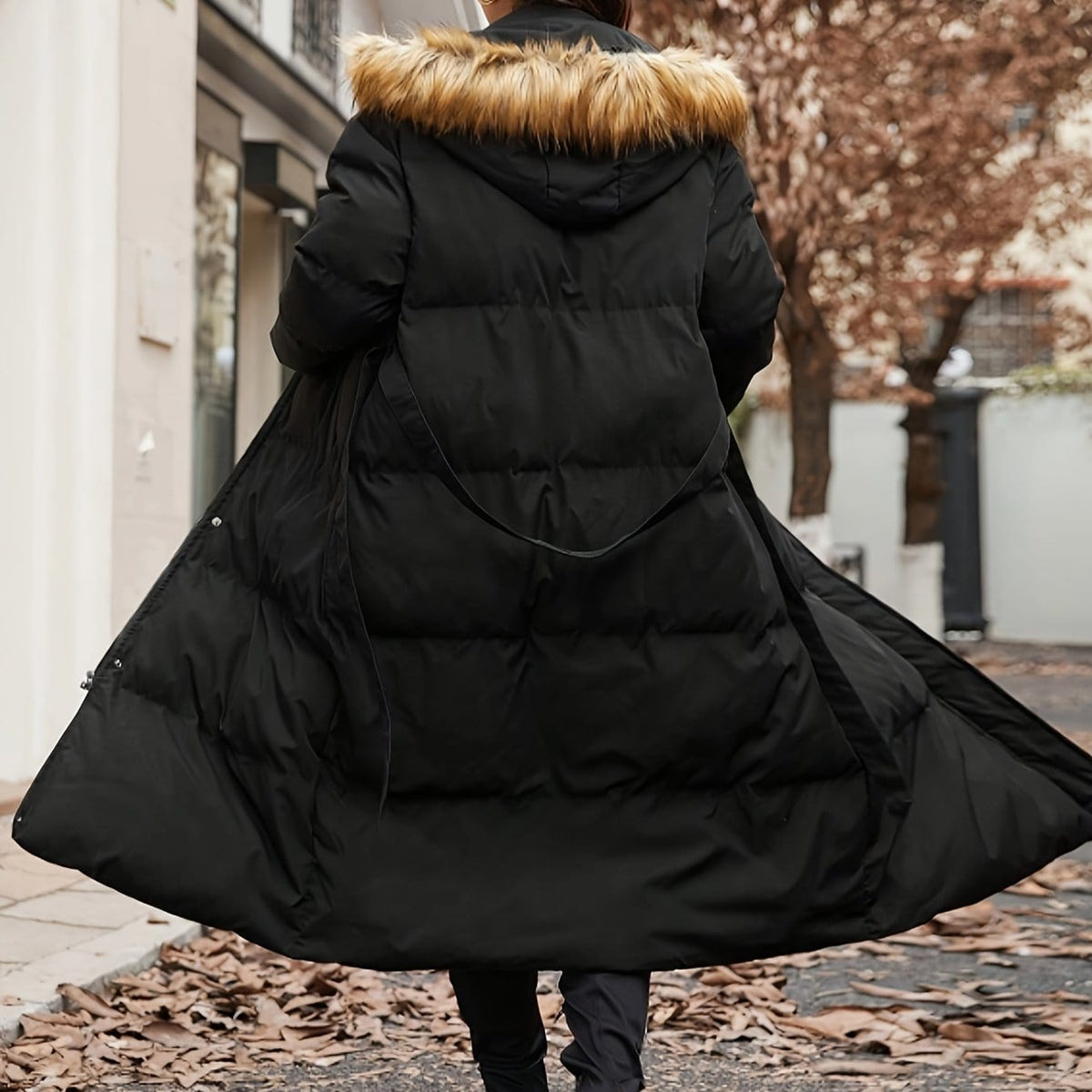 jkthpu-45 Black / UK 16 Plus Size WaistCinching OverKnee TieUp Coat