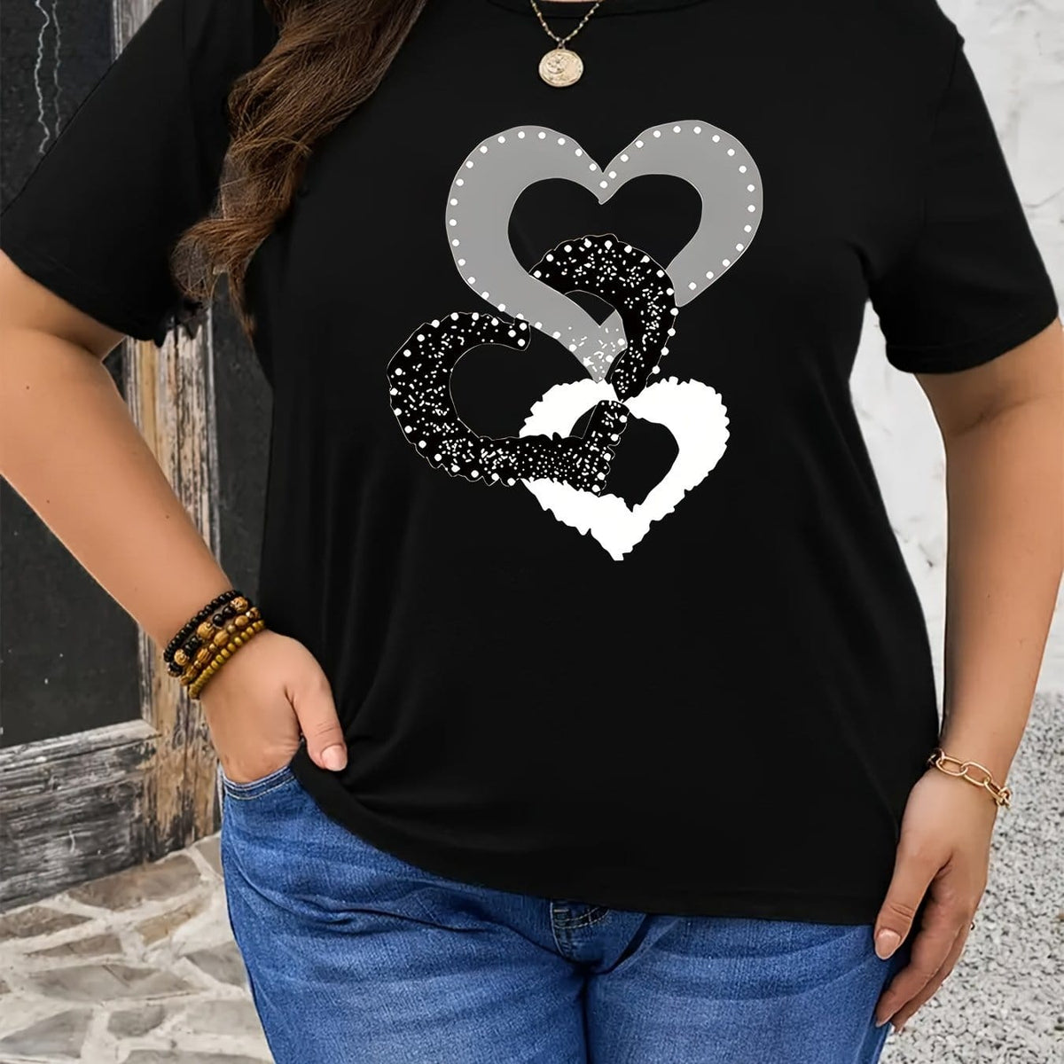 KissICON Black / UK 16 Plus Size Women's Black Casual T-Shirt - Heart & Glitter Heart Design, Stretchy Round Neck Short Sleeve Top for Spring/Summer, Machine Washable, Everyday Comfort Tee, Relaxed Fit Tee, Nontransparent Material