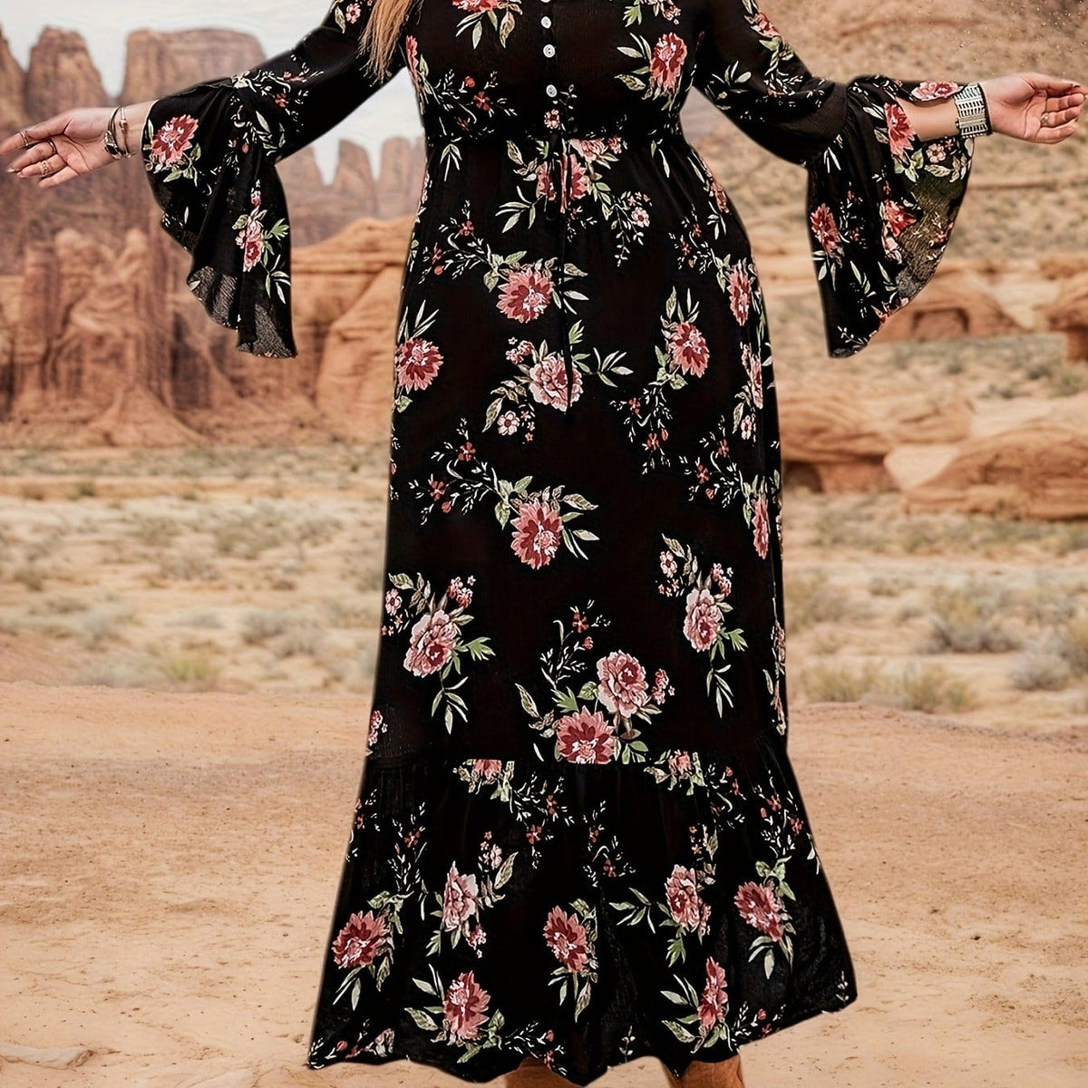 jkthpu-45 Black / UK 16 Plus Size Women's Bohemian Floral Maxi Dress – V-Neck, Long Sleeves & Belted Waist, Navy Blue with Orange and White Flowers, Pleated Hem, Spring, Summer & Fall