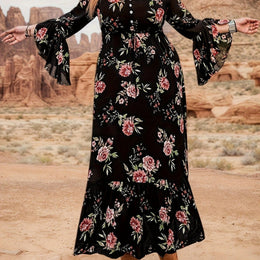jkthpu-45 Black / UK 16 Plus Size Women's Bohemian Floral Maxi Dress – V-Neck, Long Sleeves & Belted Waist, Navy Blue with Orange and White Flowers, Pleated Hem, Spring, Summer & Fall