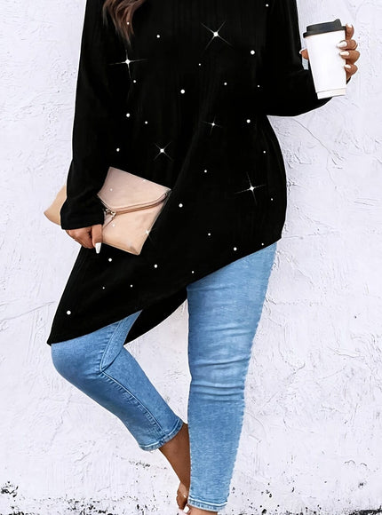 KissICON Black / UK 16 Plus Size - Women'S Elegant Asymmetrical hem T-Shirt - Long Sleeve Blouse, Stretchy Fabric for Everyday & Formal Outfits - Spring/Fall/Summer Transitional Tops - Women'S Fashion Tops, Spring Summer Apparel, Round Neckline Top