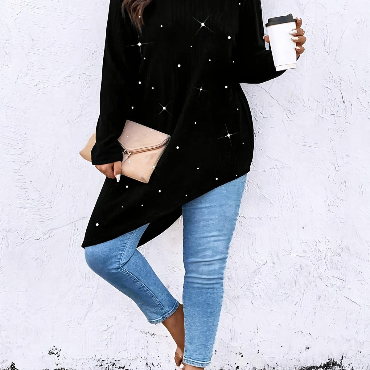KissICON Black / UK 16 Plus Size - Women'S Elegant Asymmetrical hem T-Shirt - Long Sleeve Blouse, Stretchy Fabric for Everyday & Formal Outfits - Spring/Fall/Summer Transitional Tops - Women'S Fashion Tops, Spring Summer Apparel, Round Neckline Top