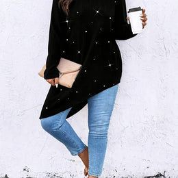 KissICON Black / UK 16 Plus Size - Women'S Elegant Asymmetrical hem T-Shirt - Long Sleeve Blouse, Stretchy Fabric for Everyday & Formal Outfits - Spring/Fall/Summer Transitional Tops - Women'S Fashion Tops, Spring Summer Apparel, Round Neckline Top