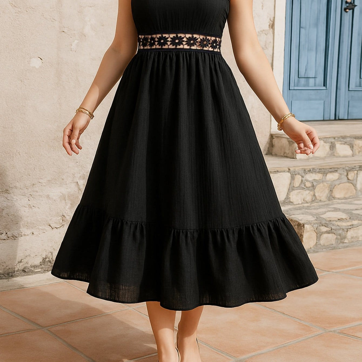 jkthpu-45 Black / UK 16 Plus Size Women's Elegant Black Square Neck Sleeveless Midi Dress with Floral Lace Trim & Ruching - A-Line Flared Hem Summer Casual Dress, Machine Washable, Nontransparent Material