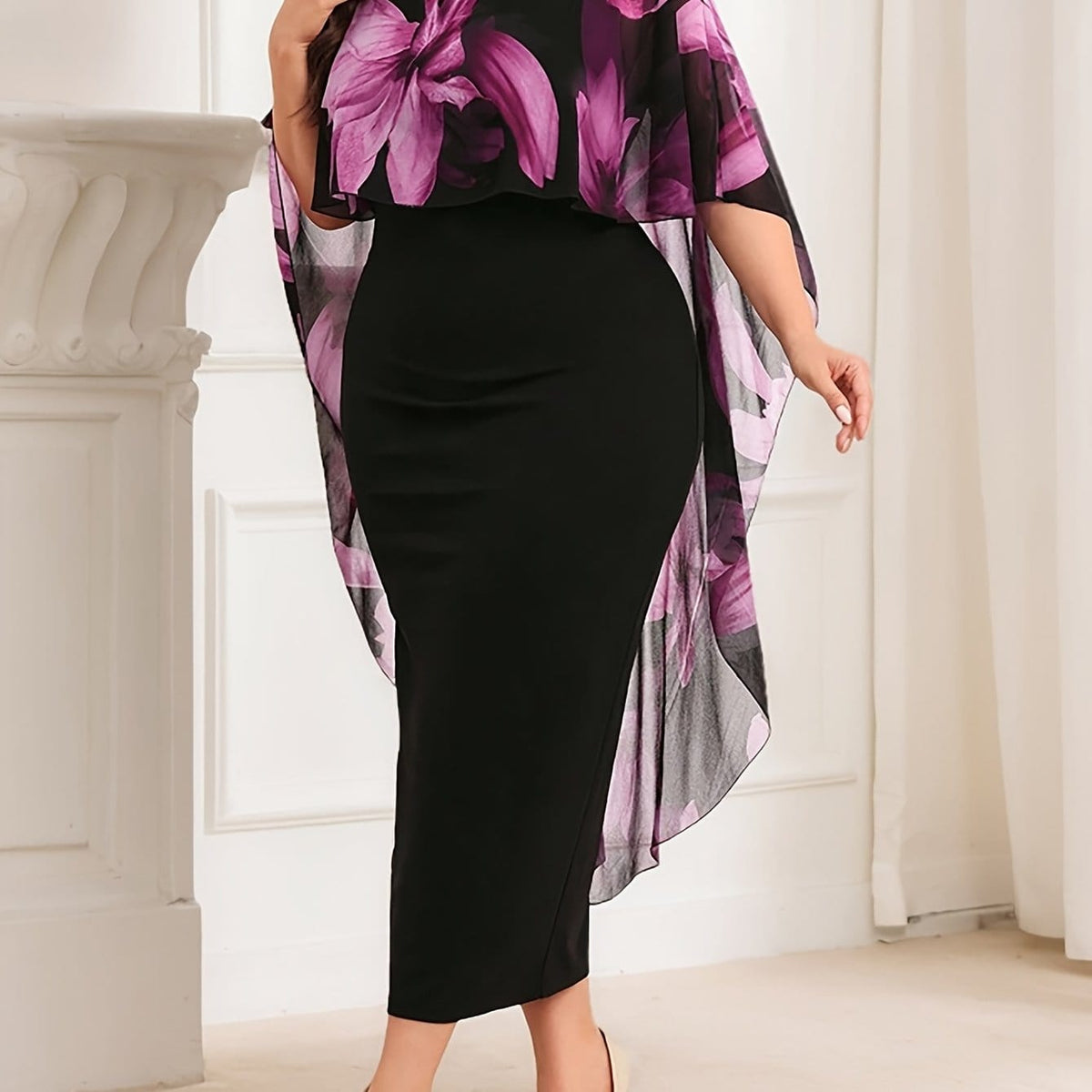 jkthpu-45 Black / UK 16 Plus Size Women's Elegant Floral Print & Solid Black Contrast Cape Sleeve Dress - Stretchy Round Neck Bodycon Midi Pencil Skirt, Machine Washable Spring/Summer Casual to Semi-Formal Wear, Nontransparent Fabric
