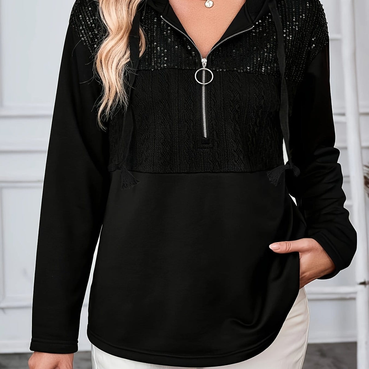 jkthpu-45 Black / UK 16 Plus Size - Women'S Elegant Hooded Sweatshirt -