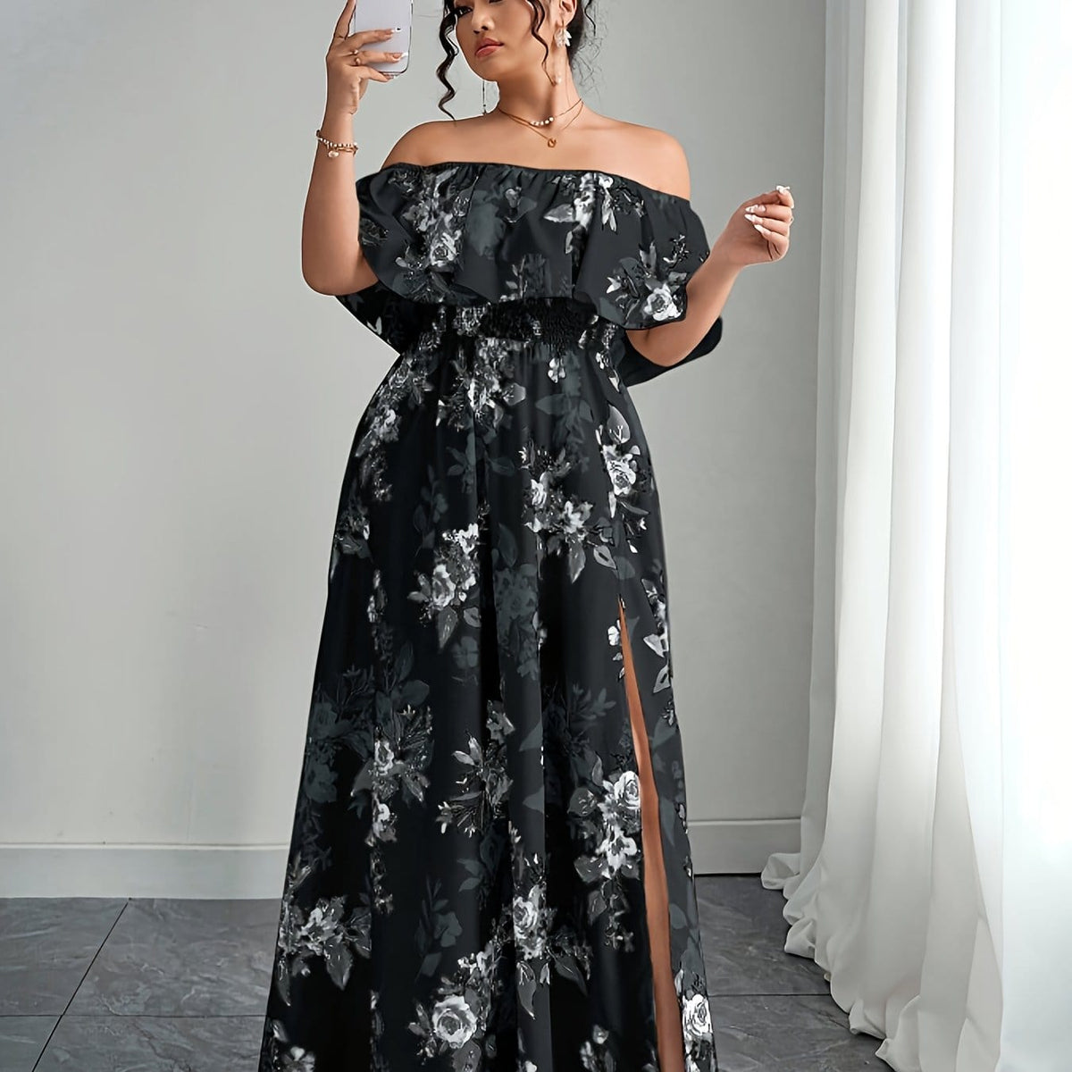 jkthpu-45 Black / UK 16 Plus Size, Women's Floral maxi dress - Elegant flowy party & Formal Event Gown, Beige and Black Floral Print, Machine Washable Non-Stretch Fabric for Wedding, Gala, Everyday Outfits - Plus Size Friendly, Spring Fashion, Fitted Silhouette, Easy Care Materi