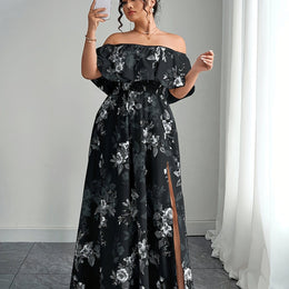 jkthpu-45 Black / UK 16 Plus Size, Women's Floral maxi dress - Elegant flowy party & Formal Event Gown, Beige and Black Floral Print, Machine Washable Non-Stretch Fabric for Wedding, Gala, Everyday Outfits - Plus Size Friendly, Spring Fashion, Fitted Silhouette, Easy Care Materi