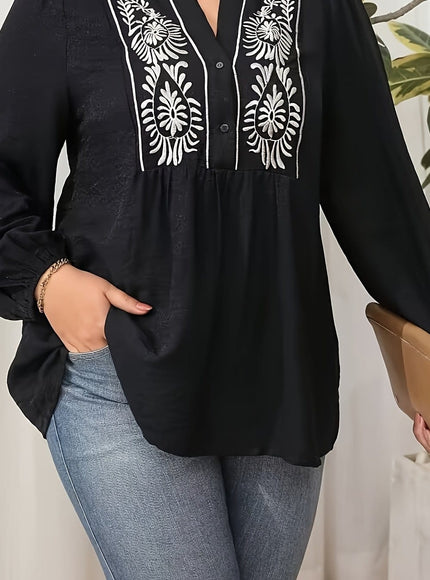KissICON Black / UK 16 Plus Size, Women's Plus Size Black and White Contrast Embroidery Hollow Out Shirt - Lantern Sleeve Top for Women