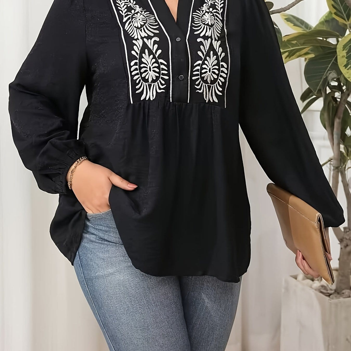 KissICON Black / UK 16 Plus Size, Women's Plus Size Blouse - Elegant Black & Floral-like Pattern, Loose Fit Maxi Shirt with Lantern Sleeves for Formal/Casual Events - Machine Washable Non-See-Through Blouse - Curvy Women's Tops, Versatile Top, Embr