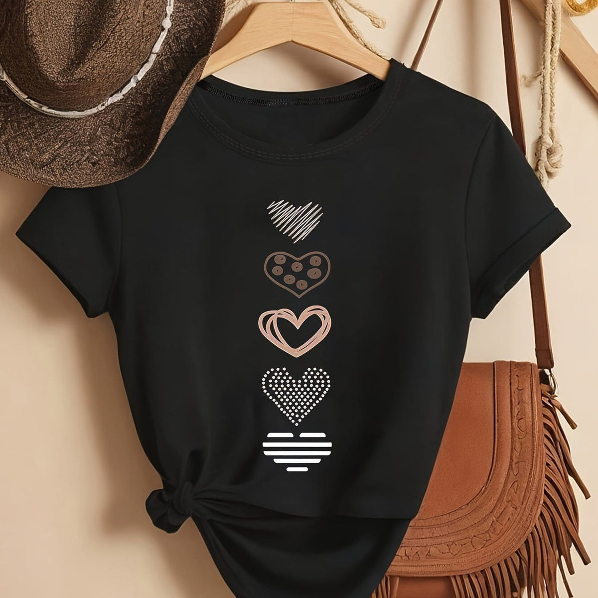 KissICON Black / UK 16 Plus Size, Women's Plus Size Casual T-Shirt - Stretchy Everyday Top with Heart Patterns (White/rose Golden/Print) - Machine Washable Round Neck Shirt for Women - Non-See-Through Fabric for Spring, Summer, Fall Outfits, Ladies