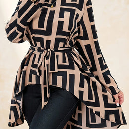 KissICON Black / UK 16 Plus Size, Women's Plus Size Elegant Asymmetrical Hem Blouse - Long Sleeve Round Neck Smock Top with Tie-Front Closure, All-Season Casual to Formal Wear, Beige & Black Abstract Print, Machine Washable (Brown/Beige/Black) - La