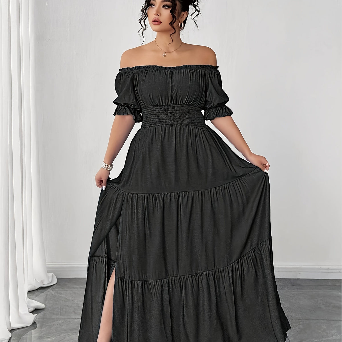 jkthpu-45 Black / UK 16 Plus Size, Women's Plus Size Elegant Faux Denim Off-Shoulder Maxi Dress - Shirred Ruched Waist with Side Slit, Lantern Short Sleeves & Flared Hem, Machine Washable Casual to Formal All-Season Dress